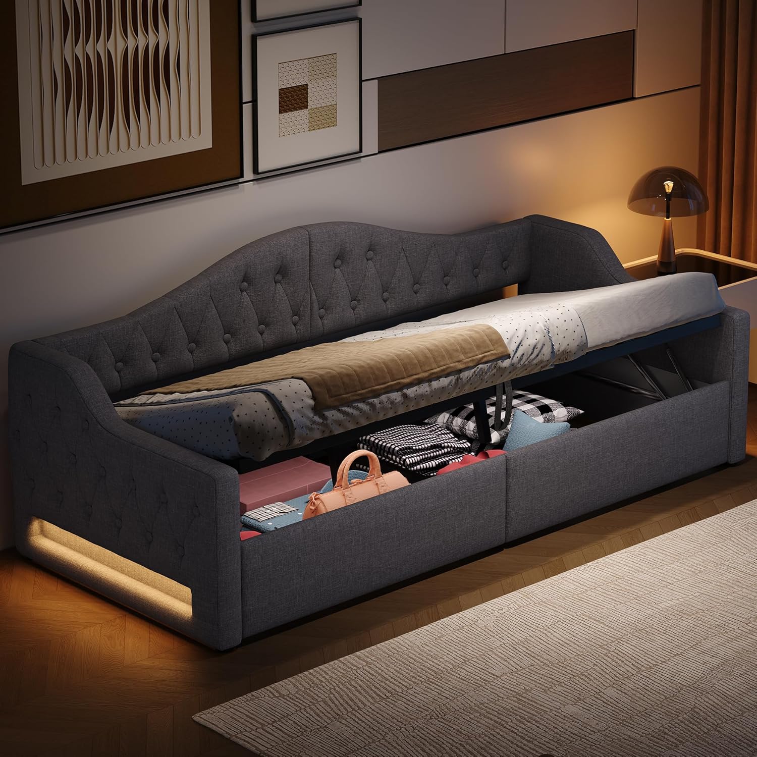 Polsterbett Schlafsofa 90x200 cm, Tagesbett Sofabett mit LED-Gürtel, Stauraumbett mit Hydraulischer Stauraum, Lattenrost aus Holz, MDF+Sperrholz+Leinen, Ohne Matratze, Grau