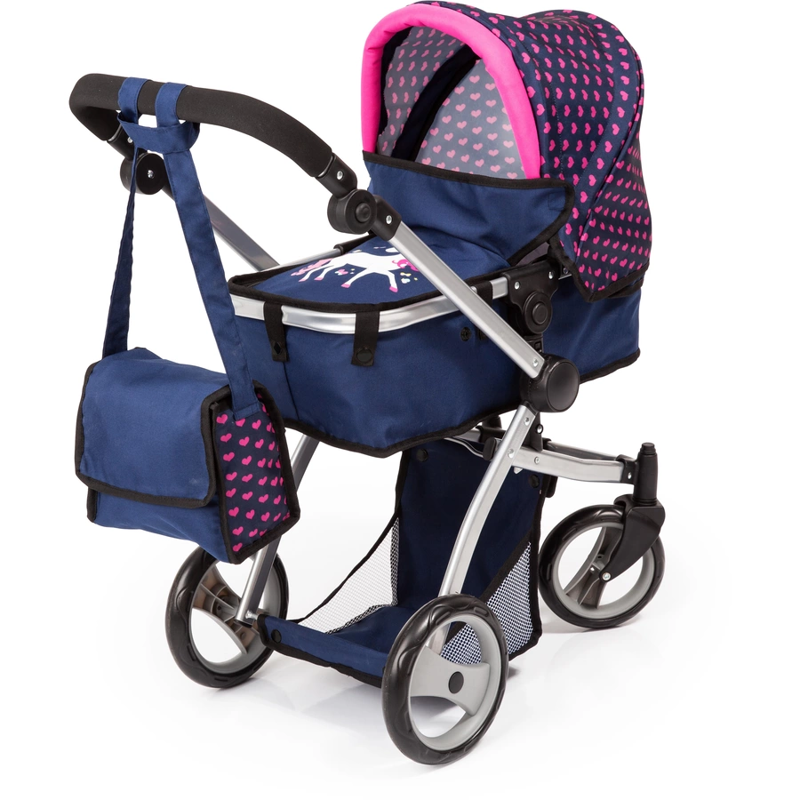 bayer Design Kombi-Puppenwagen Mega Set, blau mit Herzen und Einhorn
