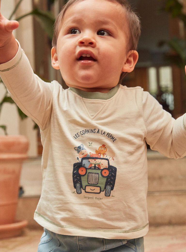 Body-T-shirt vanille à manches longues à motif tracteur et animaux