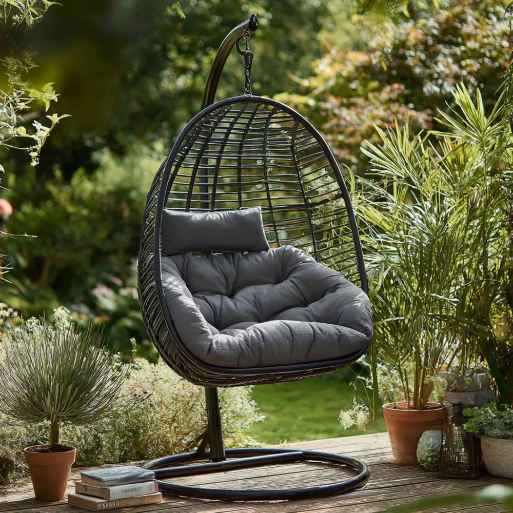 Hängesessel Rattan-Ei Design 95x95x195 cm Metallrahmen - Grau - Outdoo