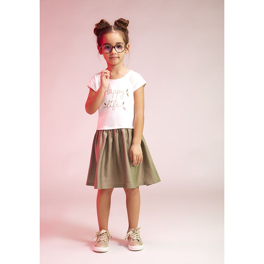Robe bi-matière effet 2 en 1 avec message en sequin pour fille - Ecru