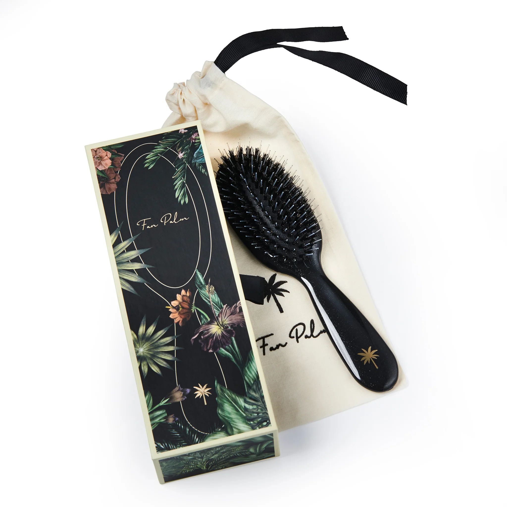 Fan Palm  Small Vildsvinehår & nylon, Stardust - Gloss Black w/Glitter