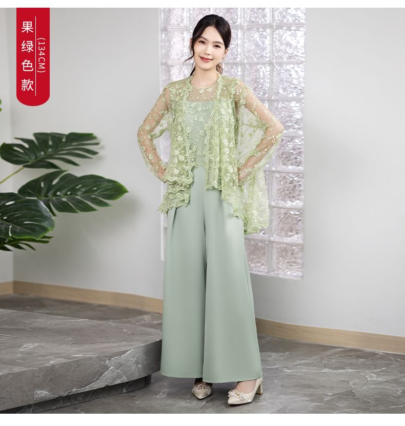 Wonhi - Set: Top met lange mouwen en kant + Mouwloze jumpsuit met wijde pijpen