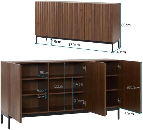 Merax Sideboard 150x40x80 cm Eiche Dunkel mit Welligem 3D-Design – Mid-Century Modern Kommode mit 3 Türen, Verstellbaren Regalen und Kippsicherung für Wohnzimmer, Esszimmer, Flur