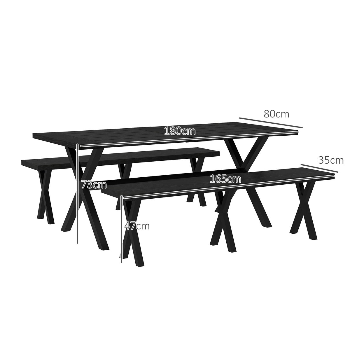 Outsunny biertuinset, 3-delig. Biertuinset met tafel, 2 stalen banken, parasolgat, 180 x 80 x 73 cm, aluminium, zwart