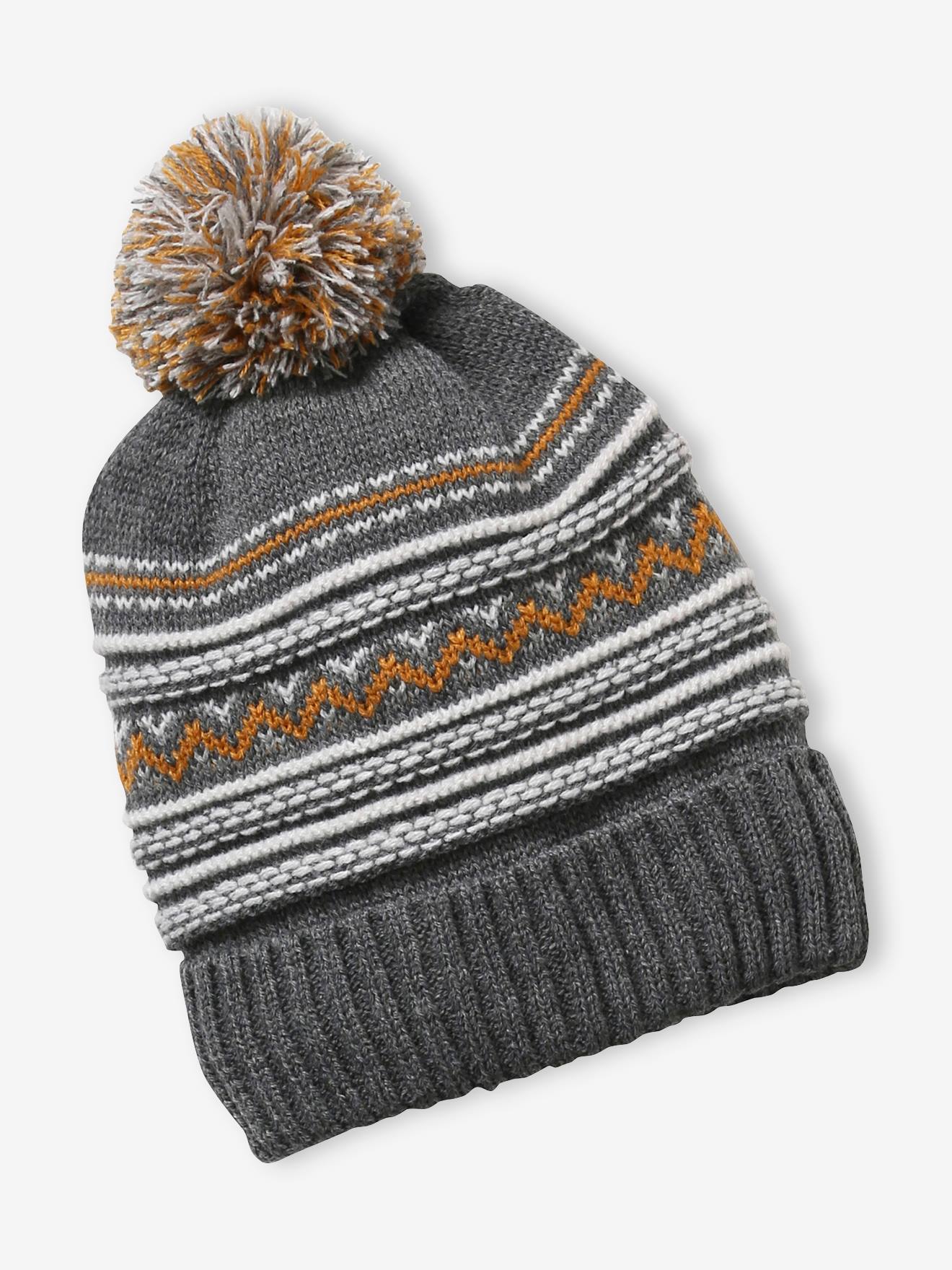 Conjunto de gorro + cachecol tubular + luvas de tricô jacquard, para menino, cinza médio bicolor/multicolorido