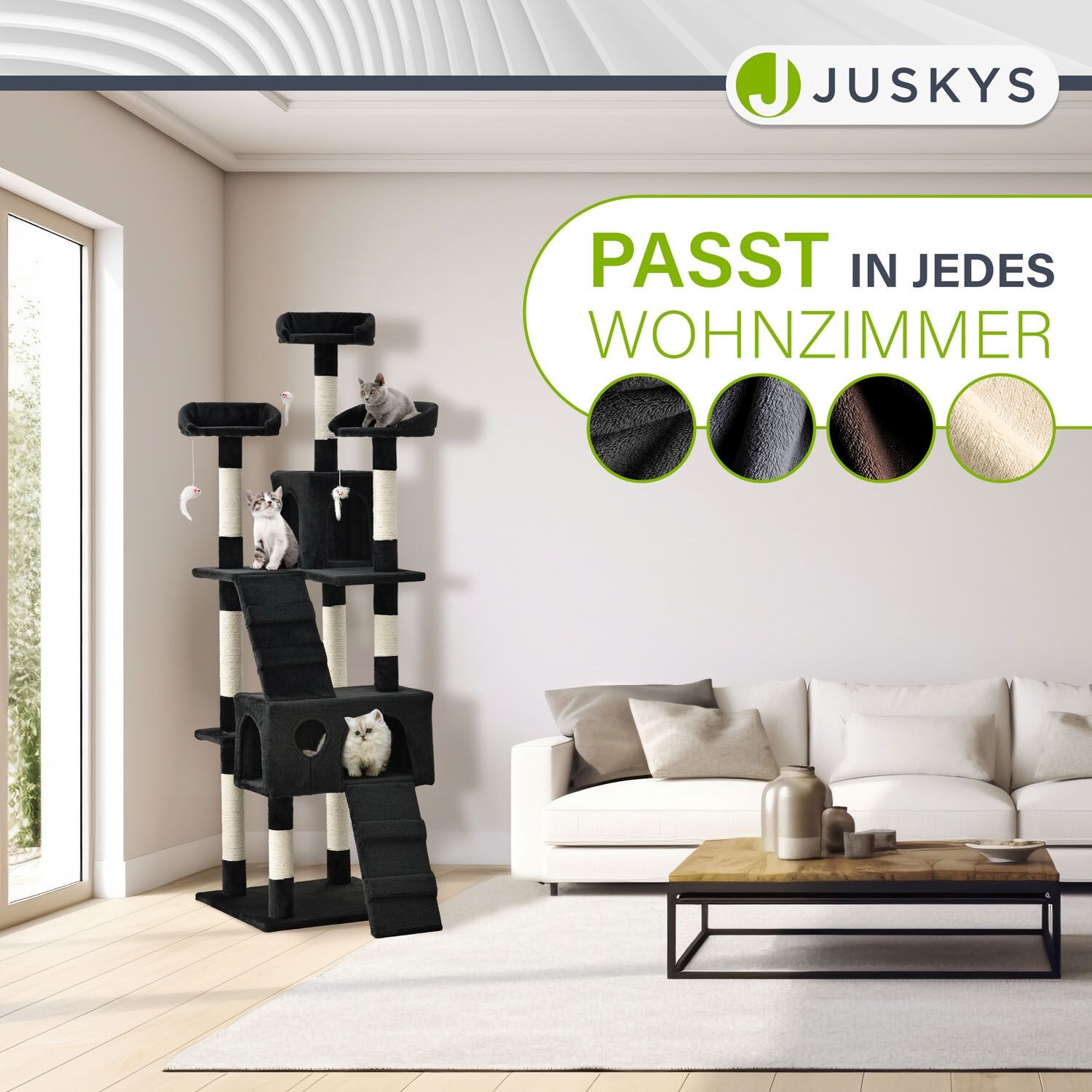 Juskys Kratzbaum Amy Schwarz – Katzenbaum mit Höhlen, Liegeflächen, Leitern & Sisal-Stämmen