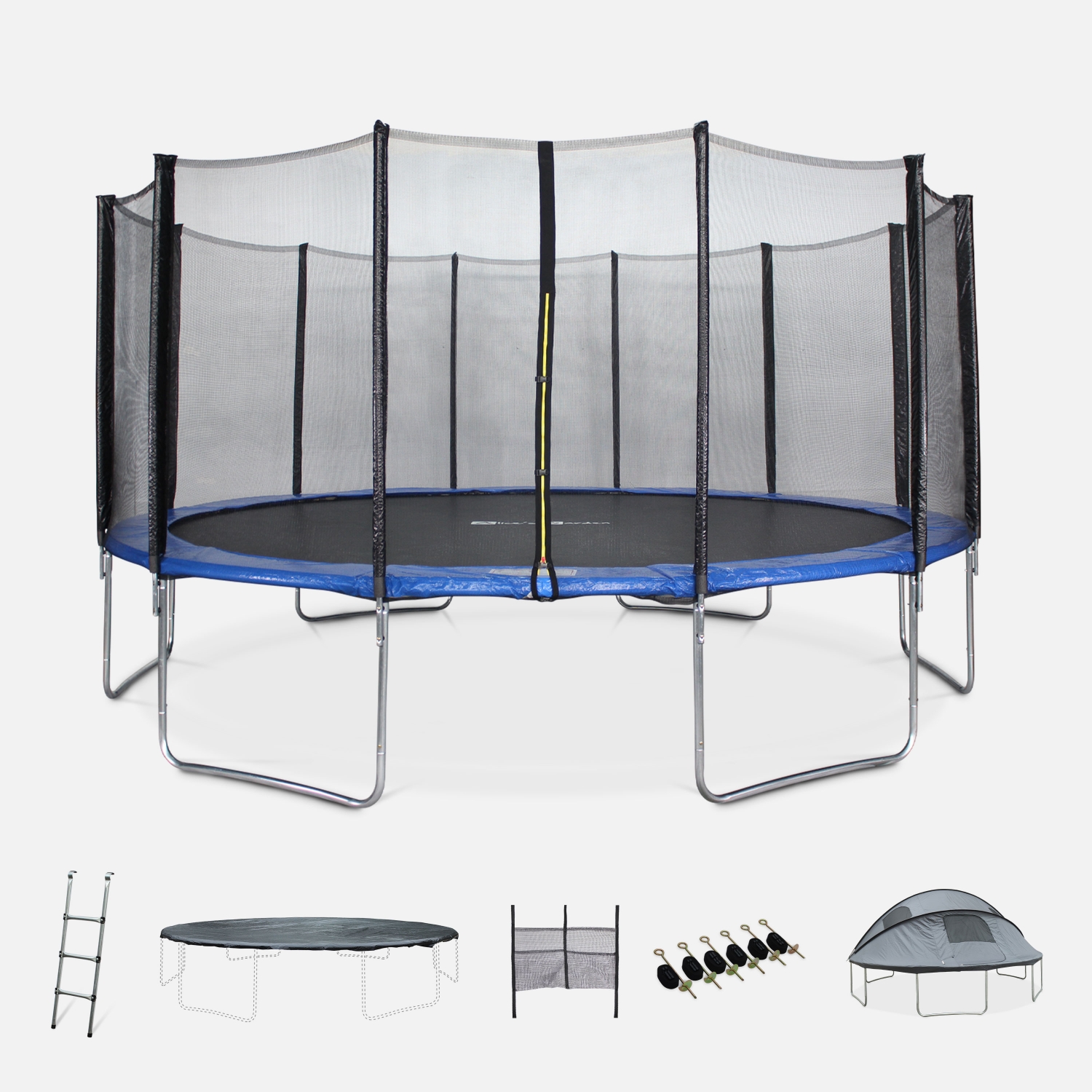Trampoline 490cm bleu avec pack d'accessoires + tente de camping