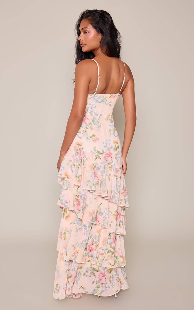 Crème Robe Maxi En Mousseline À Imprimé Floral Avec Ourlet À Volants
