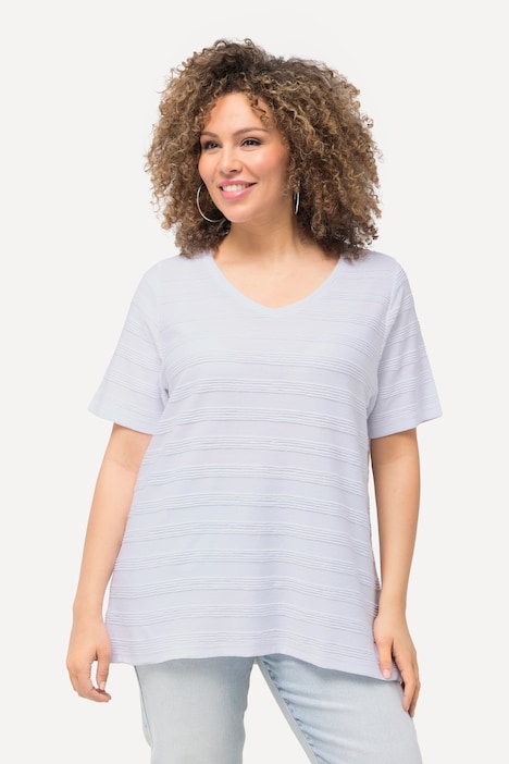 T-Shirt, Strukturstreifen, V-Ausschnitt, Halbarm