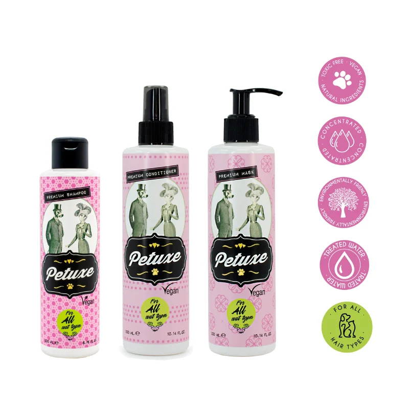 Kit Petuxe com shampoo, máscara e condicionador para animais de estimação.