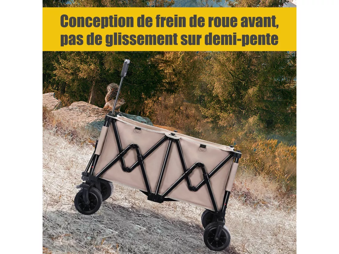 Chariot de Transport Pliable avec Freins, Chariot de Jardin de 150KG Pneus amovible, tout-terrain, Chariot pour Camping, Brun clair