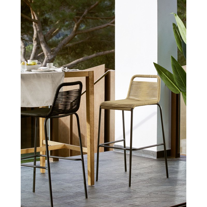 Tabouret Lambton - corde marron - pieds en acier noire H 74 cm