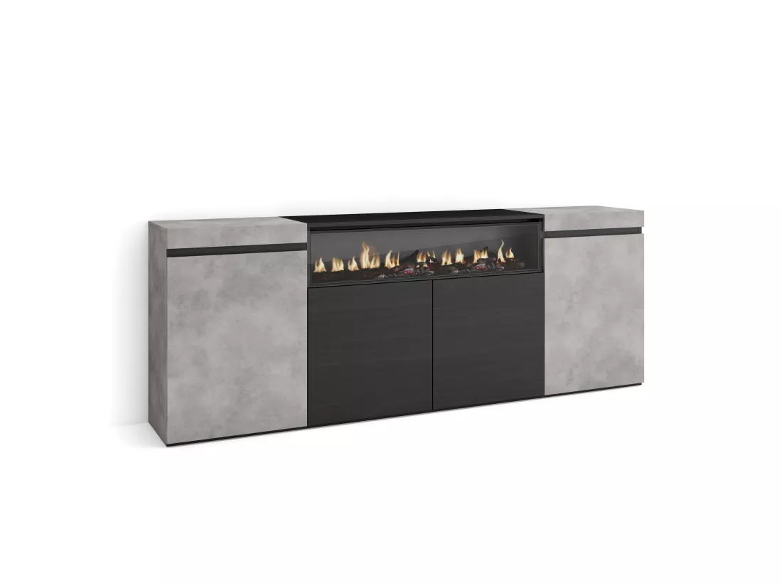 Buffet salon et cuisine, 200x75x35cm, 4 Portes, Cheminée électrique
