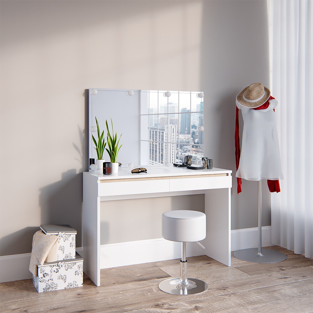 Vicco Schminktisch Emma Frisiertisch Frisierkommode Kommode Weiß Sonoma inklusive Spiegel, Hocker und LED-Lichterkette