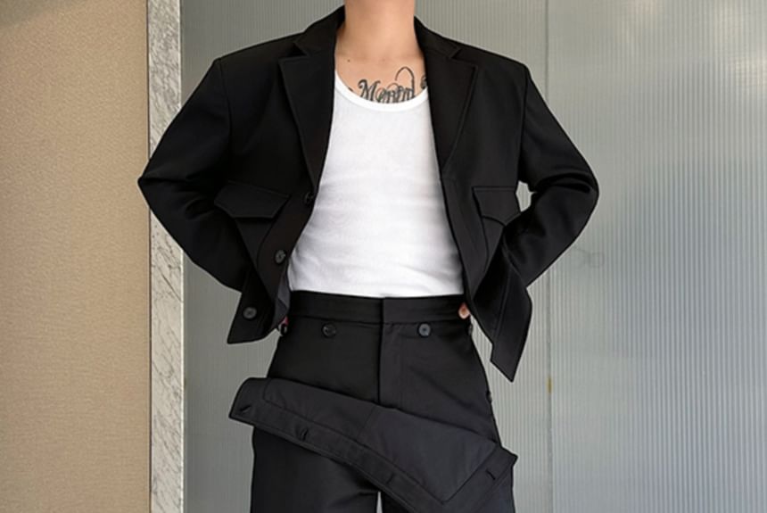 Freehop - High Waist Mock Two-Piece Plain Wide Leg Pants
