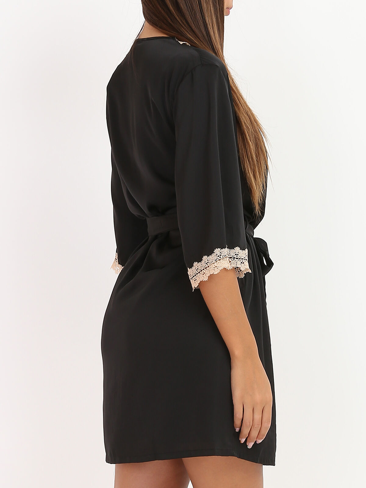 Ensemble nuisette et kimono à dentelle- Noir