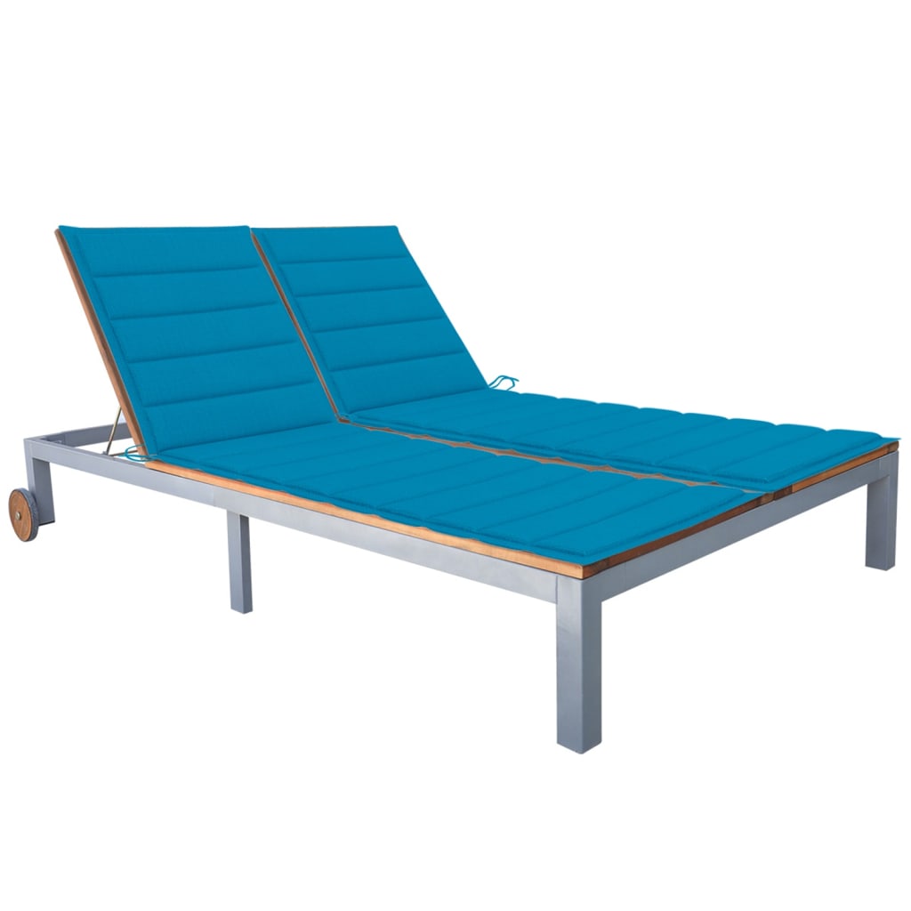 Transat chaise longue bain de soleil lit de jardin terrasse meuble d'extérieur 2 places avec coussin acacia solide et acier 0
