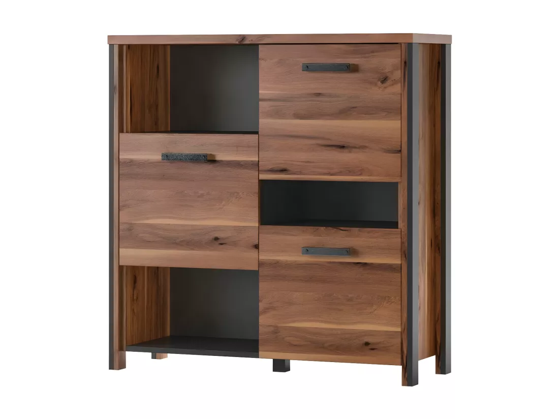 Bahut WINDSOR 110 cm - Chêne foncé et gris anthracite - 3 portes, 3 niches - 107 x 110.2 x 37.6 cm