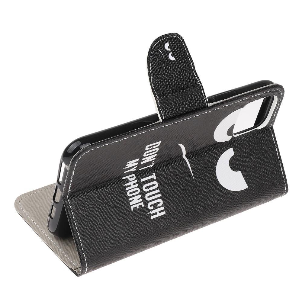 iPhone 13 Pro Leder Tasche mit Kartenfach Don't Touch My Phone - Schwarz