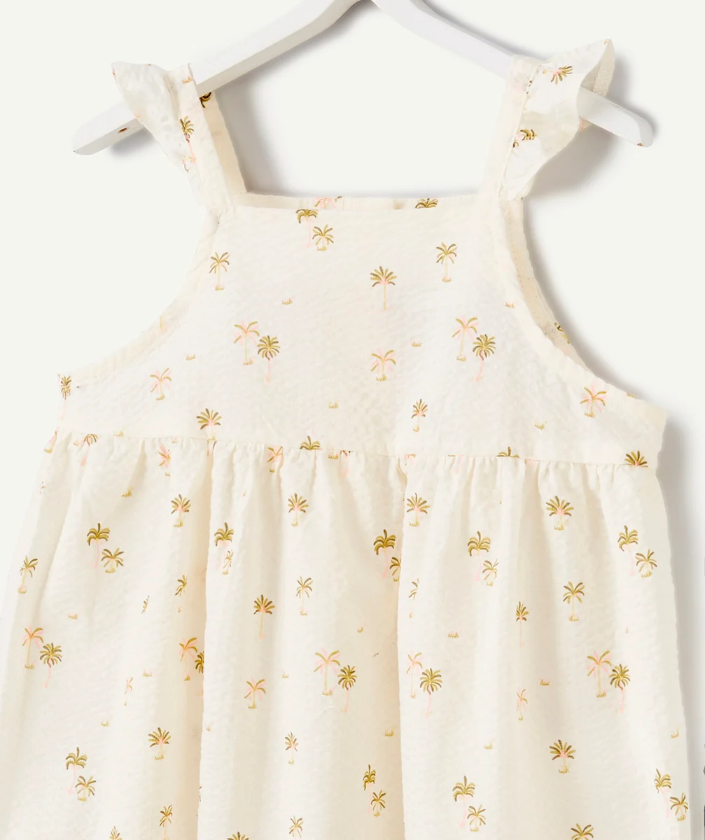 ROBE BÉBÉ FILLE EN COTON GAUFRÉ ÉCRU IMPRIMÉ PALMIERS