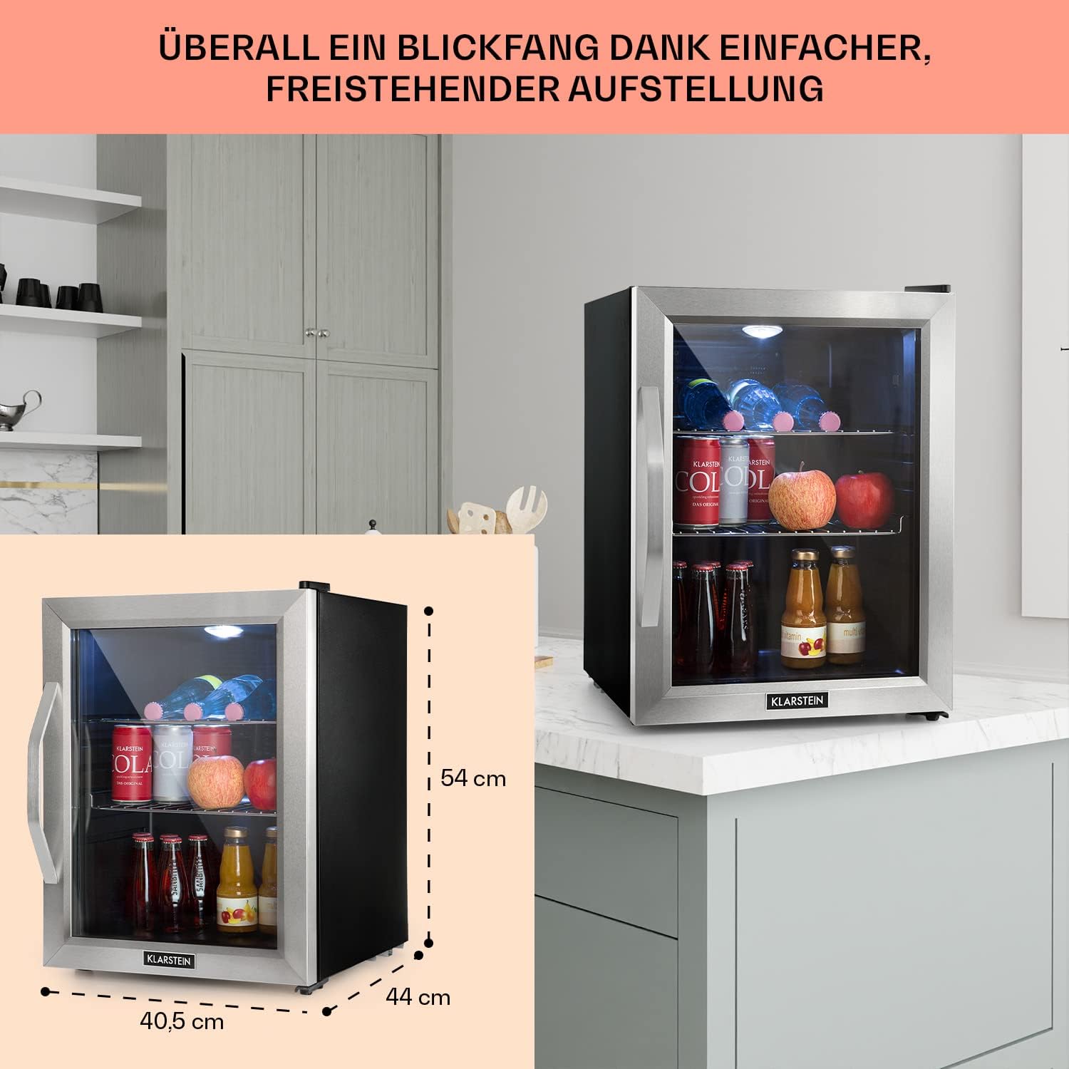 Klarstein Mini Kühlschrank mit Glastür, für Zimmer, Getränkekühlschrank Klein mit Verstellbaren Ablagen, 33 Liter, Indoor/Outdoor Kühlschrank Leise