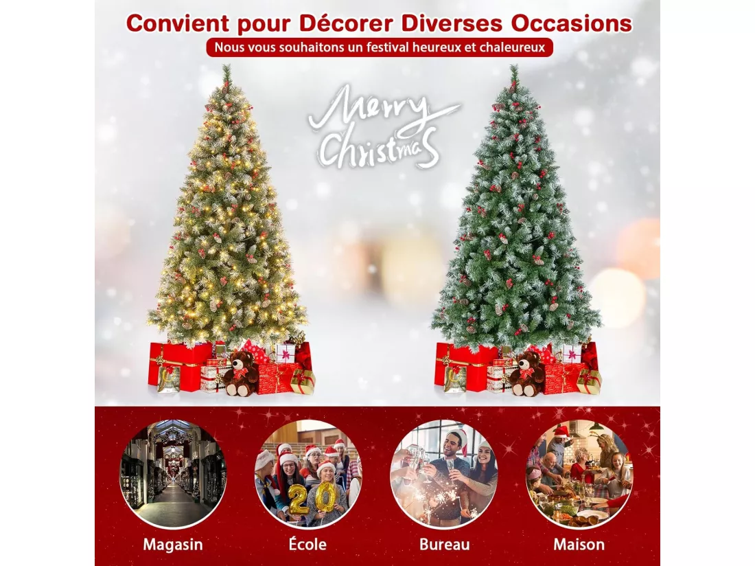Sapin de Noël 195 cm, 909 Branches Articulées avec 420 LED Blanc Chaud, 8 Éclairage, Baies Rouges & Pommes de Pin, Arbre de Noël pour Fêtes (195cm)