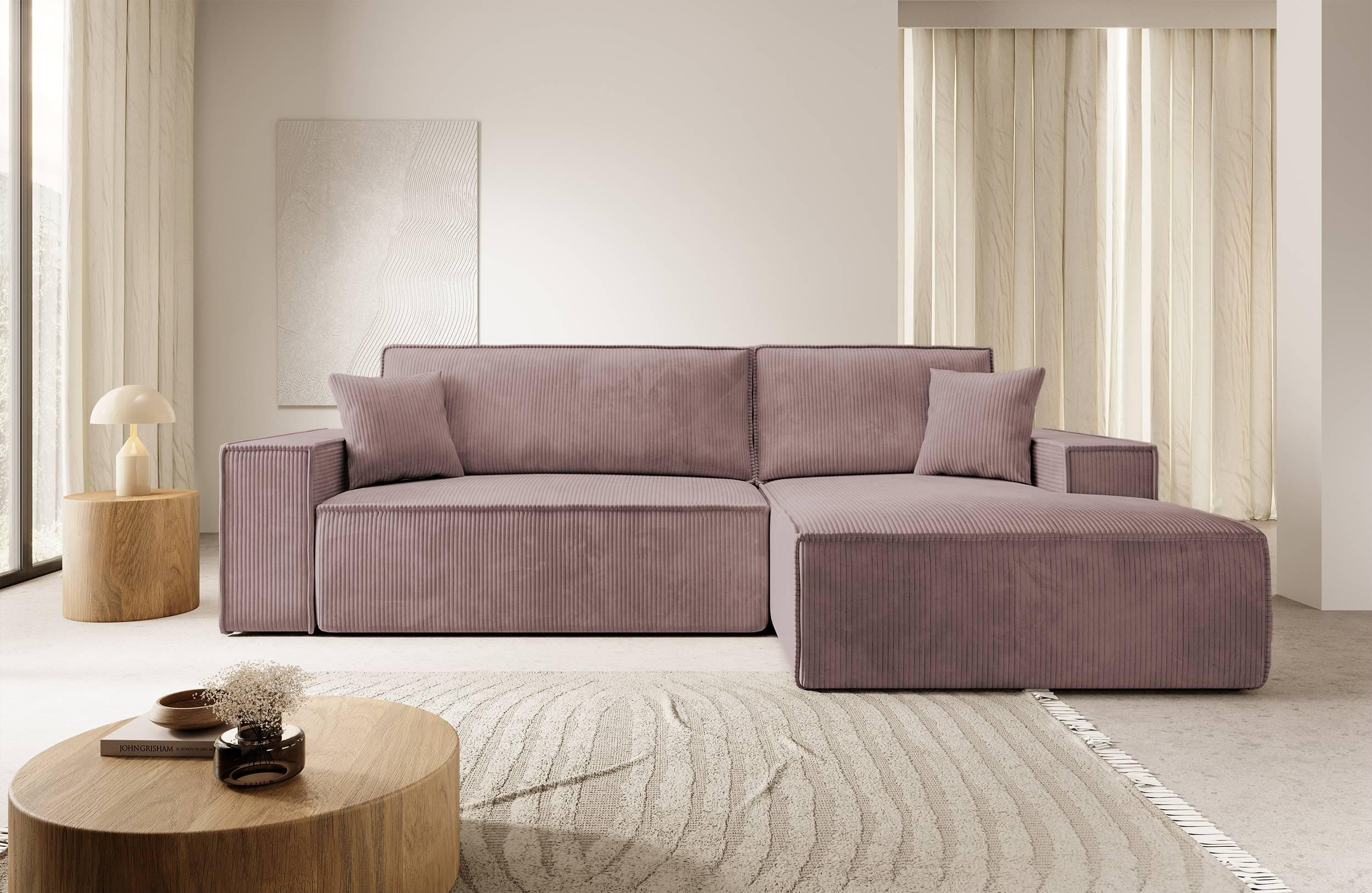 NADUVI Collection Galine Hoekbank met Chaise Longue Rechts met Slaapfunctie - Ribstof - Roze