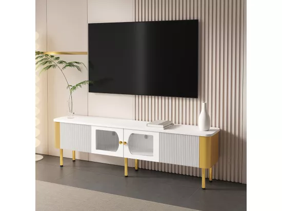 Banc TV avec tiroirs et panneaux de porte spécialement moulés, poignées et pieds dorés, forme arquée,170x45x50cm,Blanc