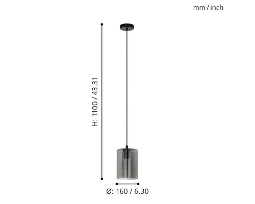 Hanglamp, 1-lichts, HxØ 110x16 cm, zwart/rookglas/transparant