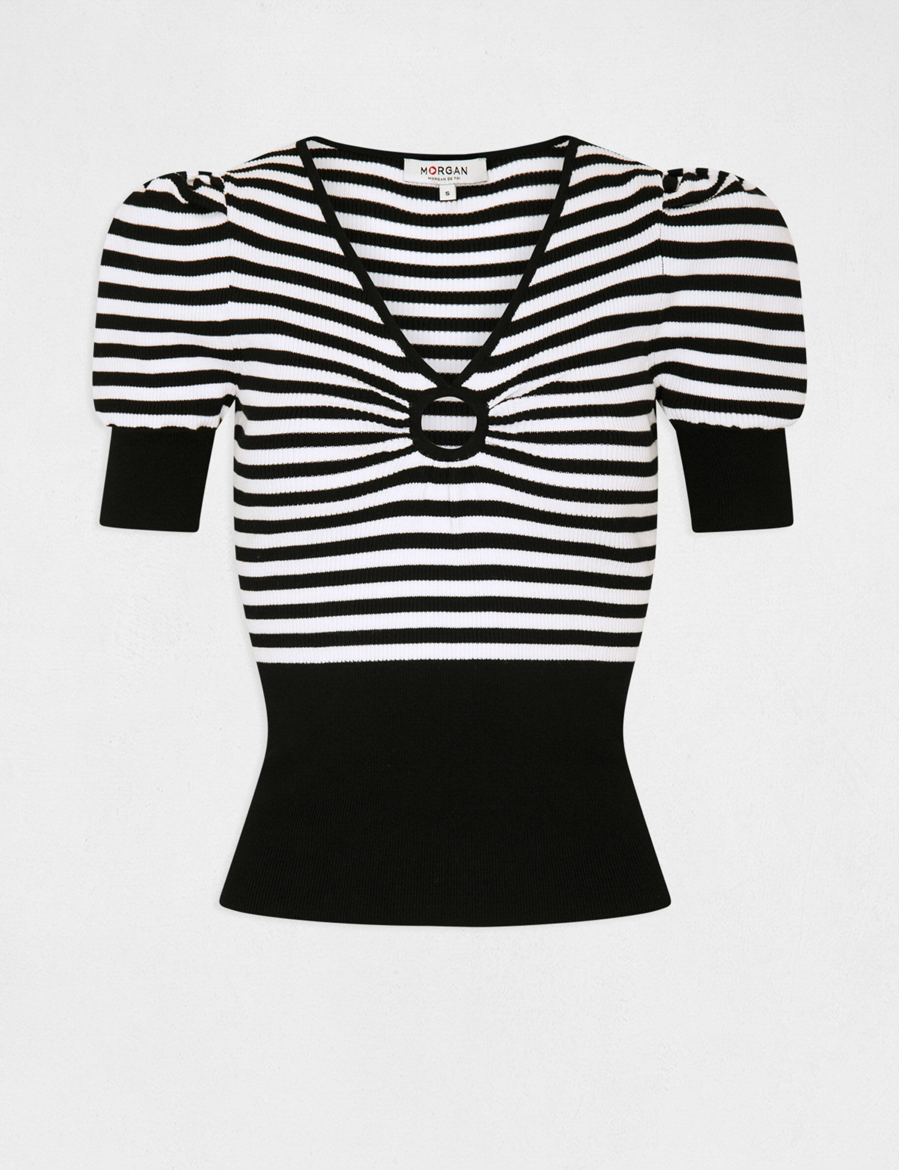 Pull manches courtes à rayures noir femme - noir
