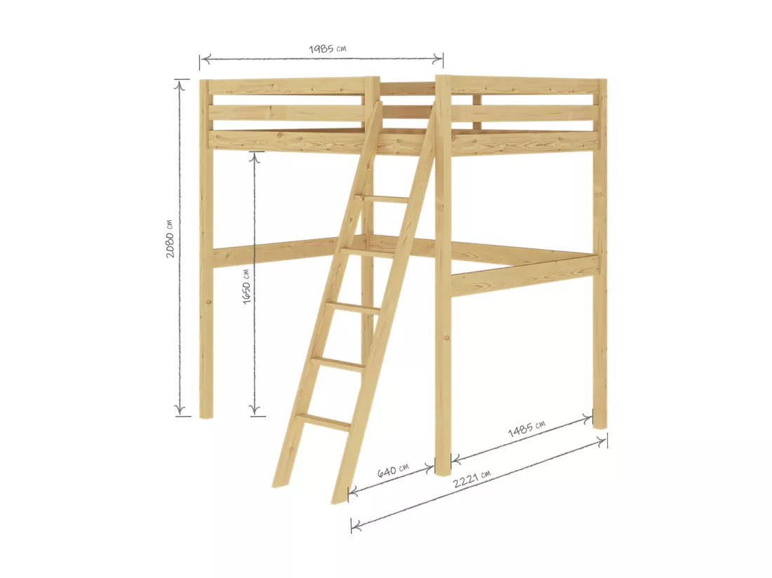 Lit mezzanine 2 places 140x190 cm bois massif bois AARON