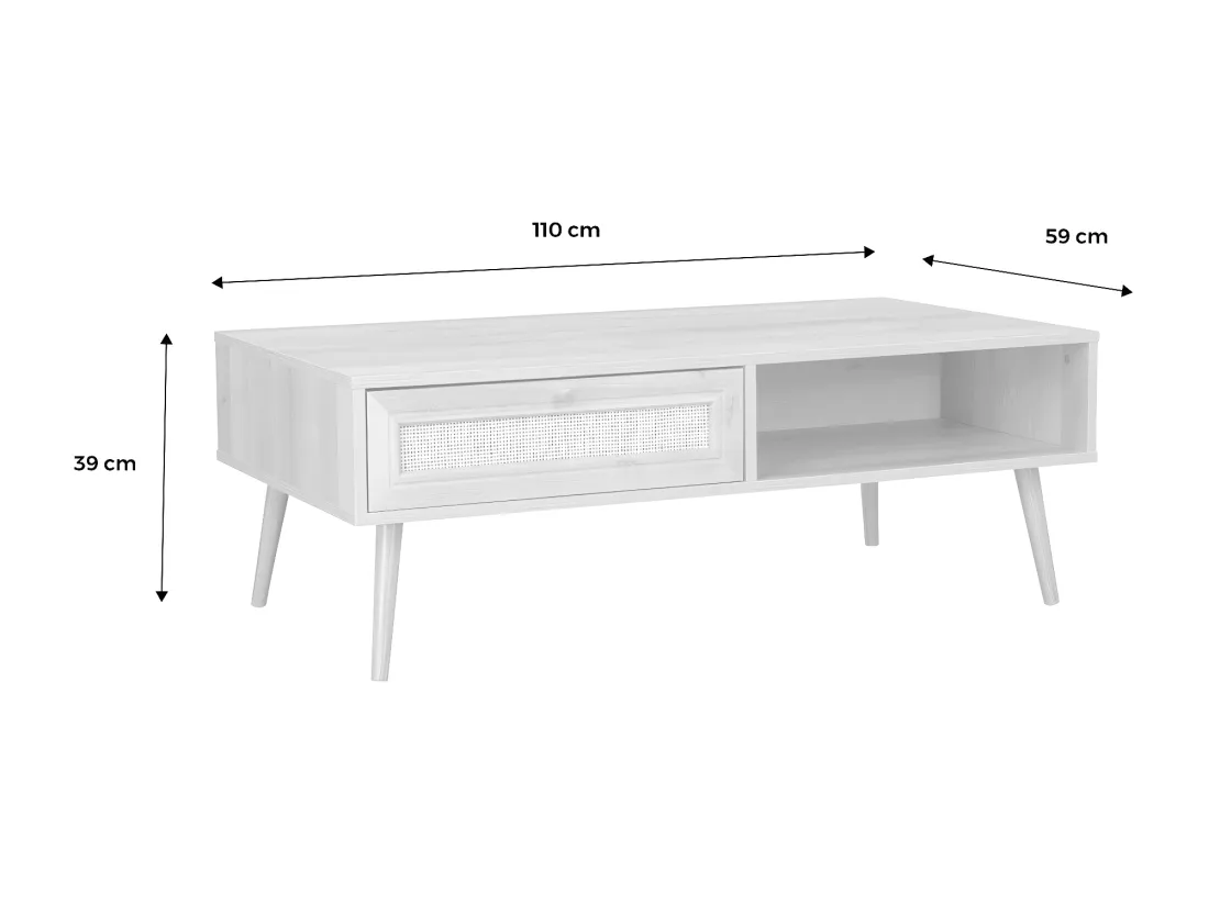 Table basse en cannage 110x59x39cm - Bohème - Blanc. 1 tiroir. 1 espace de rangement. pieds scandinaves