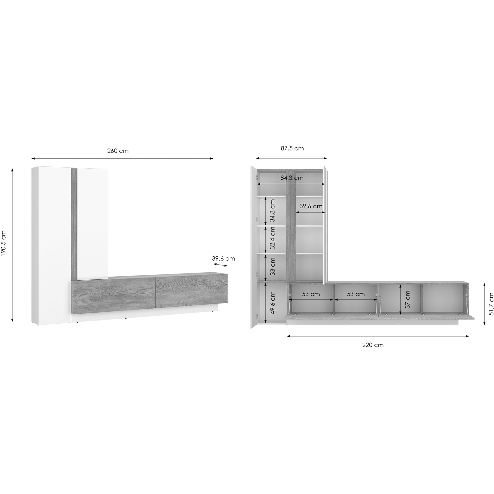 Wohnwand Milazzo Dekor weiss/Eiche 260 x 190,5 x 39,5 cm