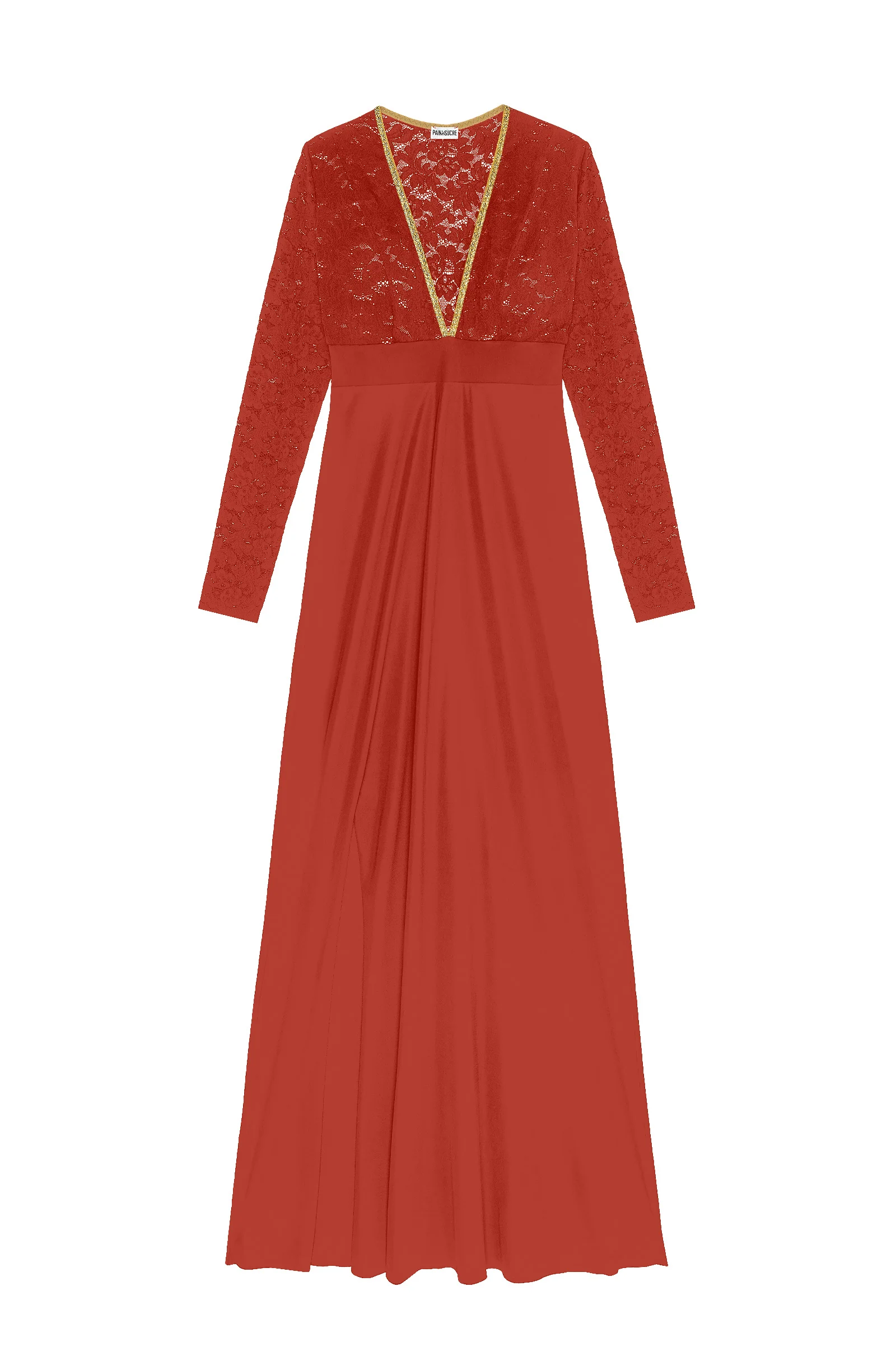 rivia Robe longue brique bi-matière en dentelle et voile Brique