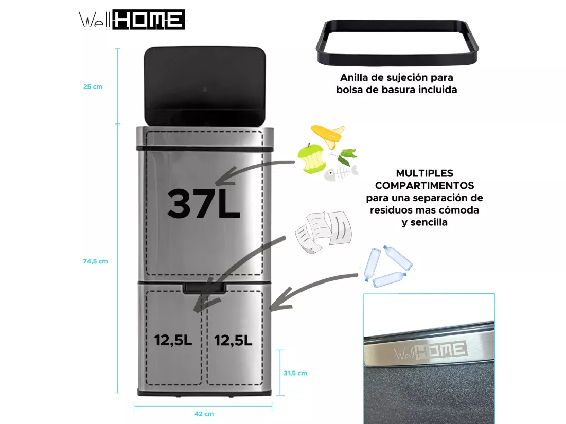 WELL HOME Poubelle de tri 62L (37L+25L), poubelle à 2 compartiments, ouverture automatique avec capteur, en inox, chromé