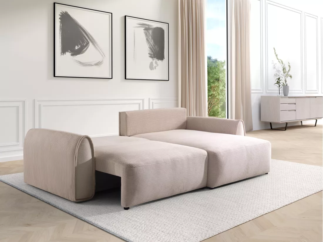 Canapé d'angle convertible et réversible en velours côtelé beige RISTANO