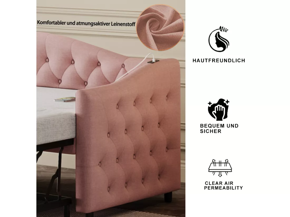 Lit gigogne 90 x 200 cm avec prises USB, canapé-lit - Tissu en lin - Sommier à lattes - Rose (sans matelas)