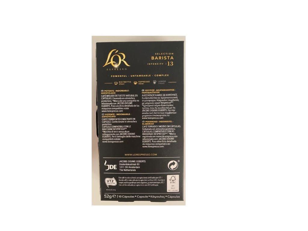 CÁPSULAS L'OR ESPRESSO COMPATÍVEL NESPRESSO CAFÉ BARISTA INTENSIDADE 13 10UN