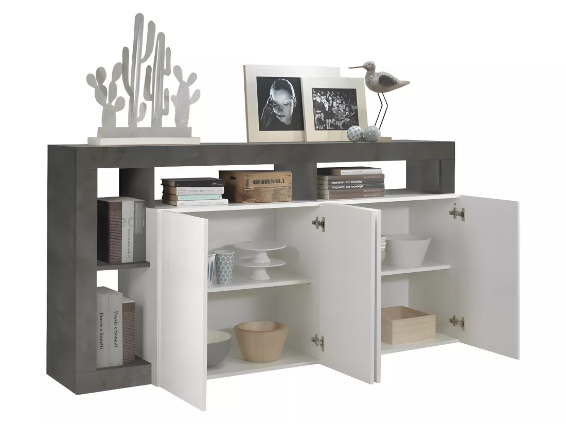 Buffet SEFRO - 4 portes et 4 niches - Blanc laqué et béton