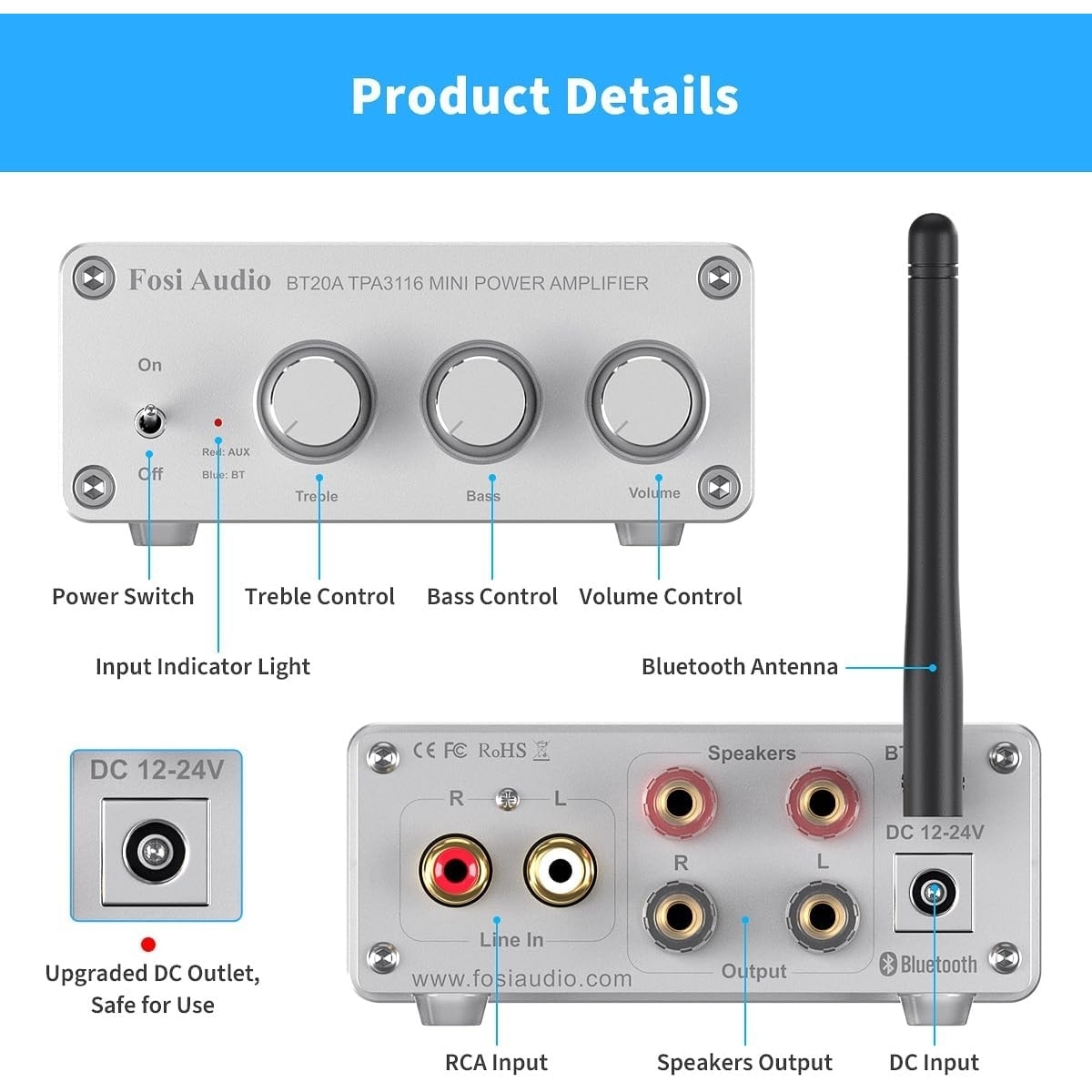 Fosi Audio Bluetooth 5.0 & R/L forsterker 100W x 2 med volum-, bass- og diskantkontroll, hvit