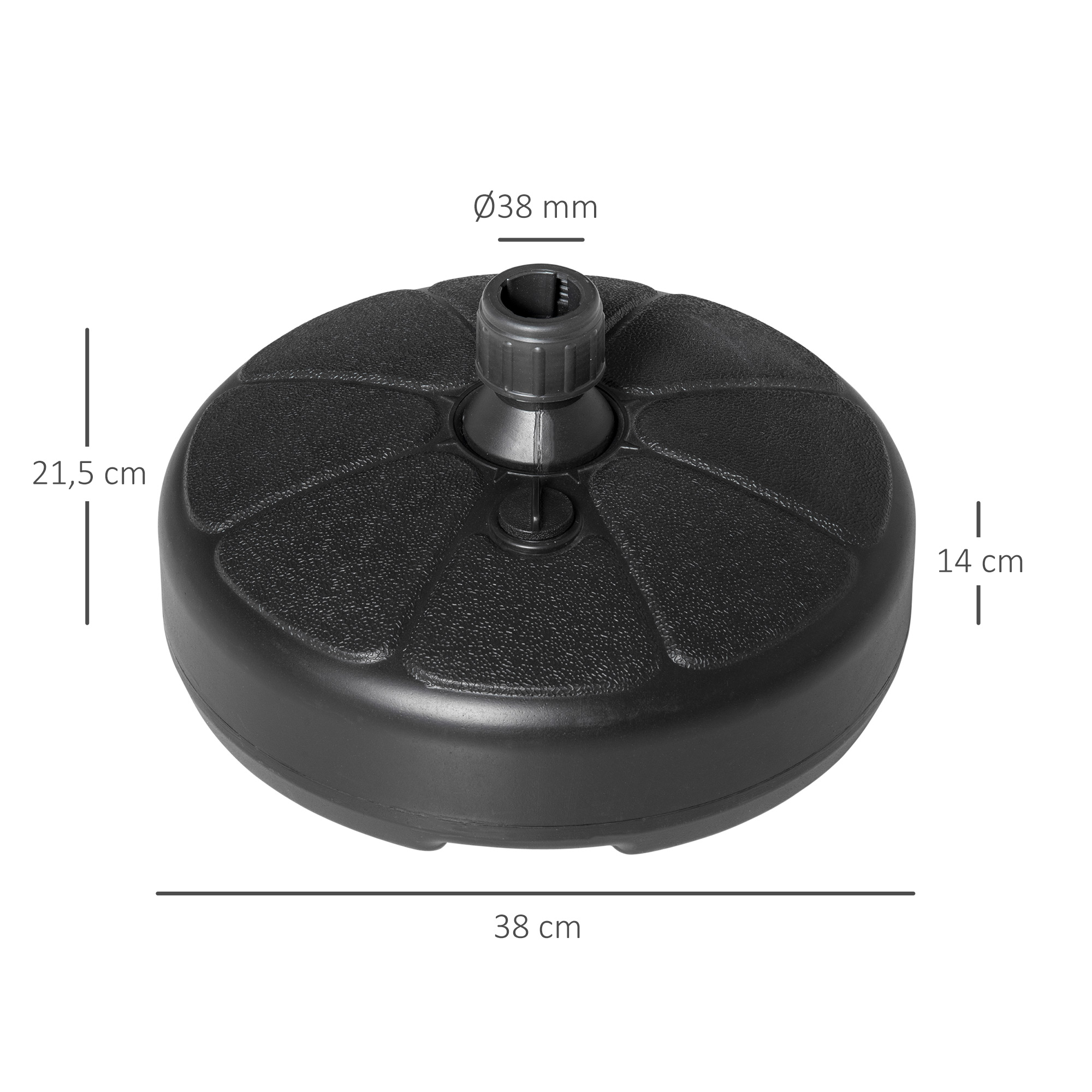 Base para guarda-sol Outsunny, preenchível com água (13 kg) ou areia (19 kg), redonda, adequada para mastros de Ø32-38 mm, para jardim, pátio e terraço, Ø38x21,5 cm, preta.
