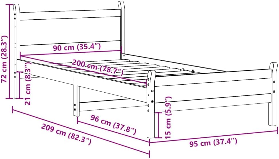 vidaXL Massivholzbett, Holzbett ohne Matratze, Bettgestell mit Kopfteil Lattenrost, Bett Einzelbett für Schlafzimmer, 90x200cm Kiefernholz