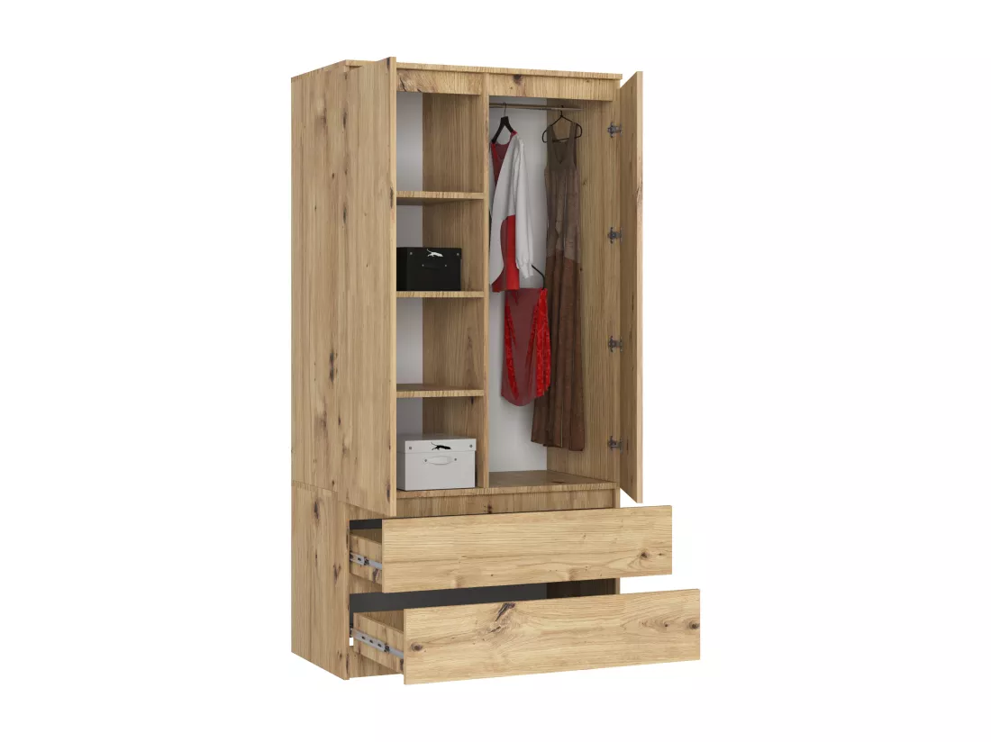 Armoire AKORD S90 Chêne Artisan 90 cm 2 portes 2 tiroirs façade Chêne Artisan 4 étagères 90x51x180 cm
