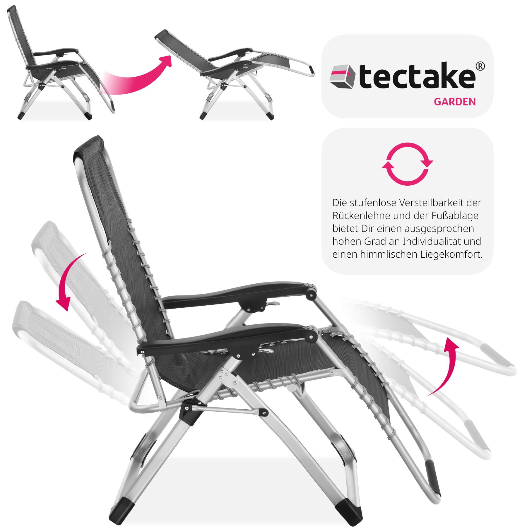 tectake® Sonnenliege, klappbar, abnehmbares Sitz- und Kopfpolster, 84 x 168 x 82,5 cm, mit Ablagetisch