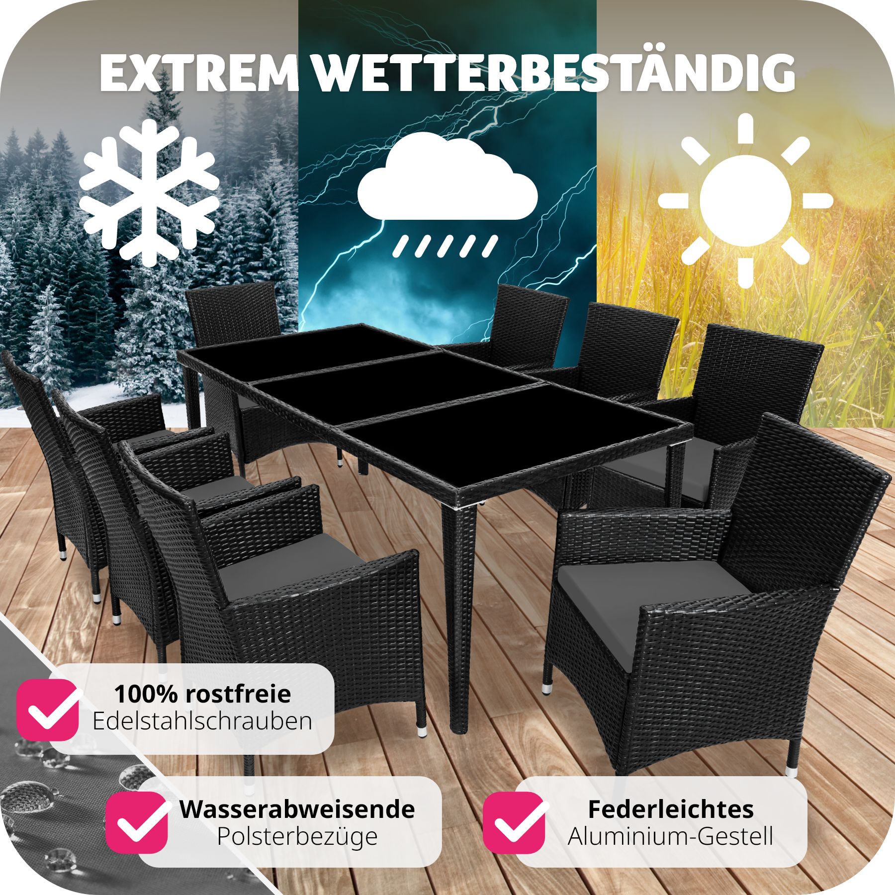 tectake® Rattan Sitzgruppe, mit Aluminiumgestell, wetterfest und UV-beständig, 2 Bezugssets, inklusive Schutzhülle