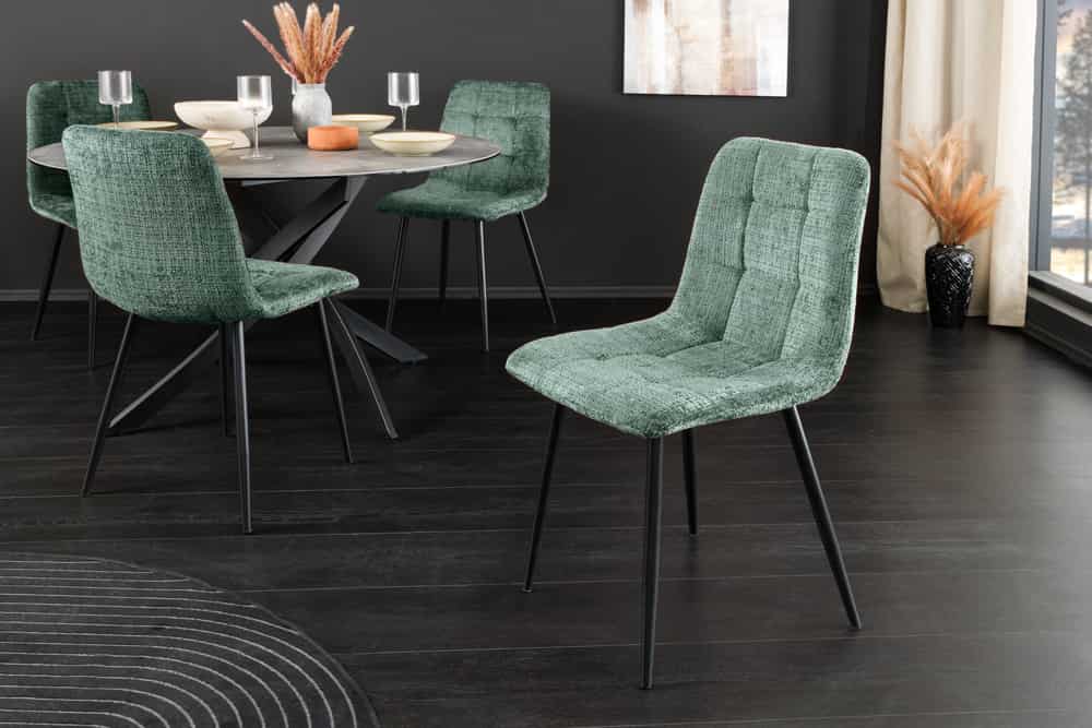 Moderner Design Stuhl TRES CHIC grün Chenille Cremona schwarze Metallbeine