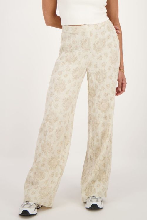 Beige jacquard broek met bloemen