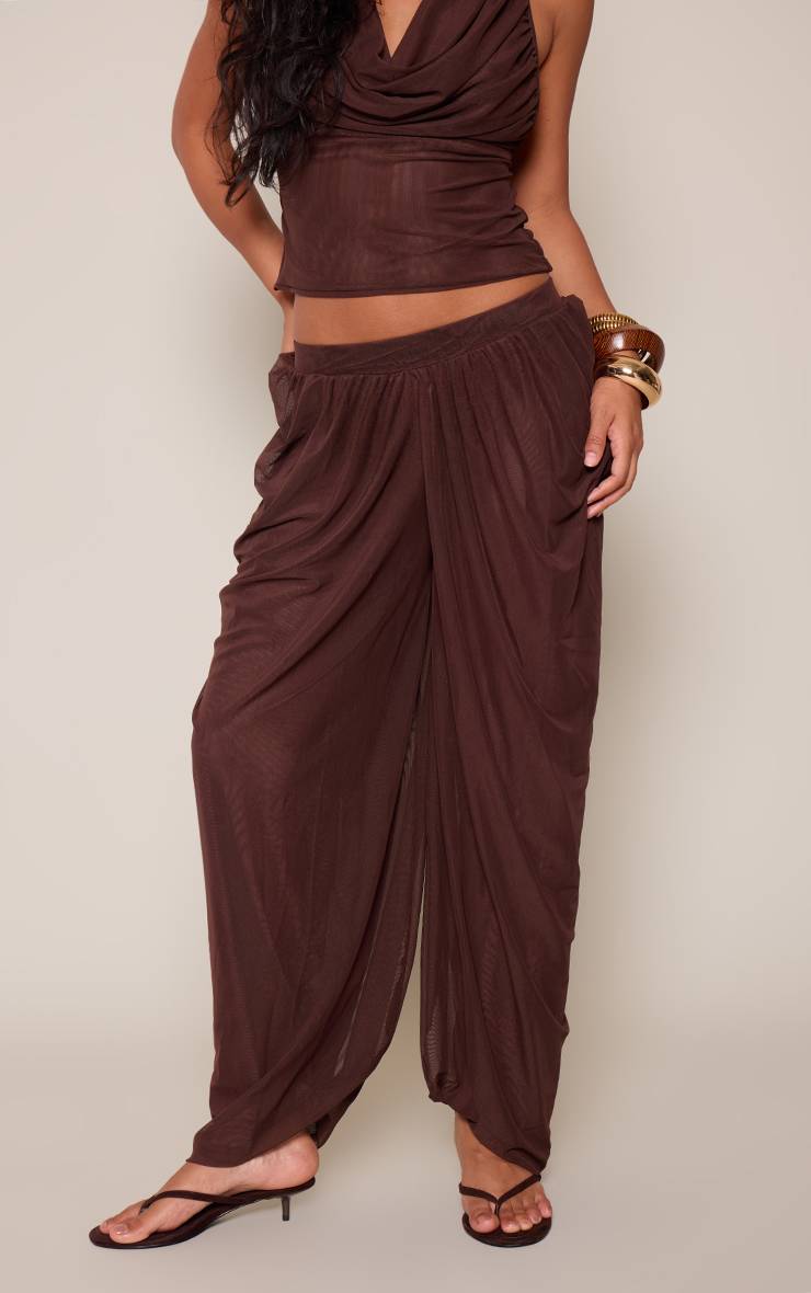 Marron Ensemble Coordonné Pantalon Ballon Fuselé Drapé En Mesh