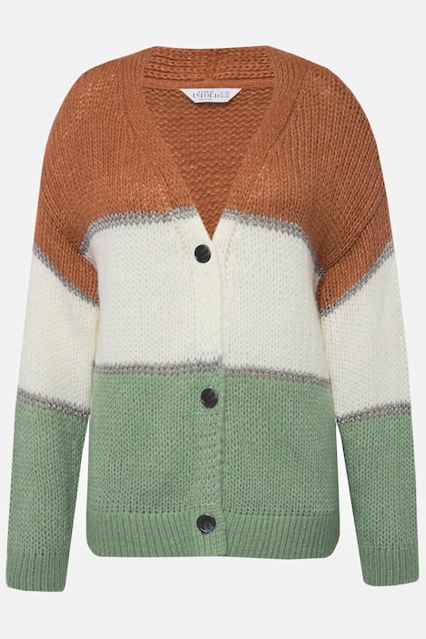 Strickjacke, Boxy Fit, Blockstreifen, V-Ausschnitt, Langarm